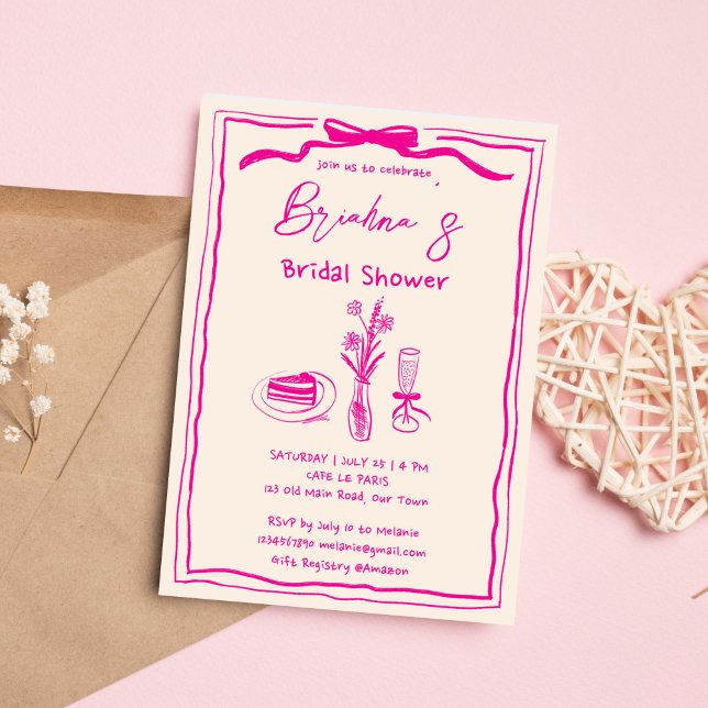 Convites Chá de panela de fita retrógrada retrógrada desenh (Handdrawn scribble retro whimsical pink ribbon bridal shower invitation template digital download)