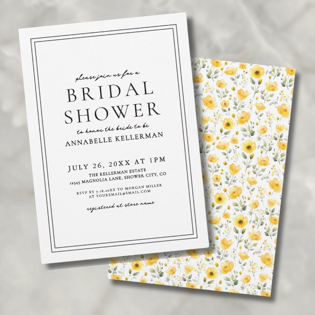 Convites Chá de panela de Flor Amarelo Simples Botânico (Botanical Simple Yellow Wildflower Bridal Shower Invitation)
