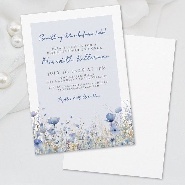 Convites Chá de panela de Flor de Flor Azul Botânico (Botanical Blue Wildflower Floral Bridal Shower Invitation)