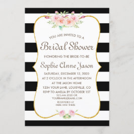 Convites Chá de panela de Flor Elegante Black & White Strip