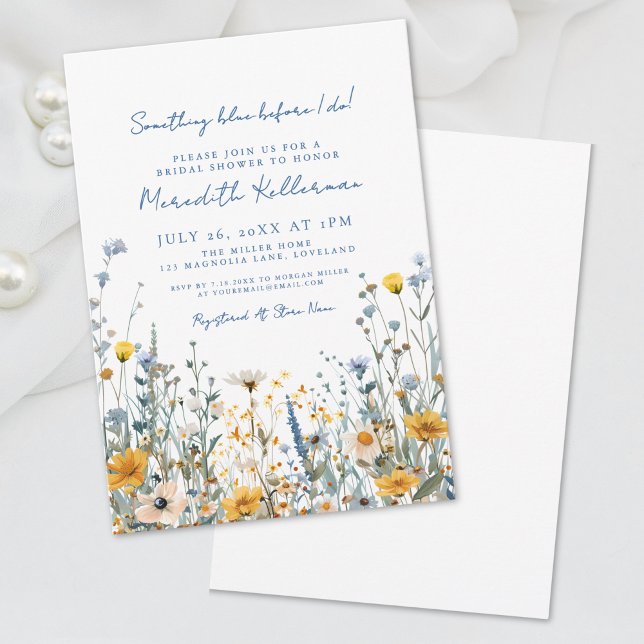 Convites Chá de panela de flor selvagem azul (Blue Botanical Wildflower Bridal Shower Invitation)