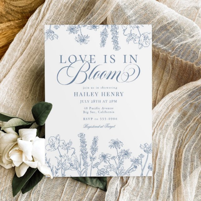 Convites Chá de panela de flor selvagem azul Elegante Periw (Criador carregado)