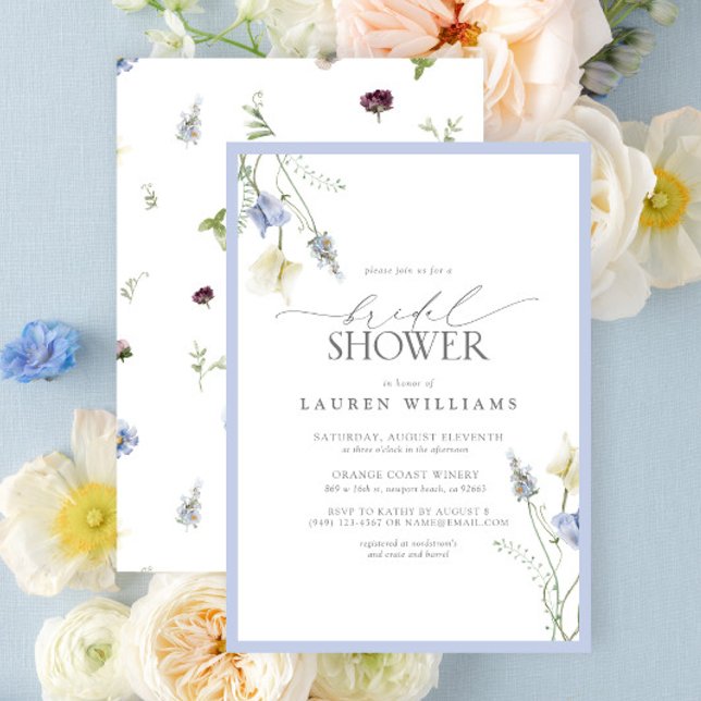 Convites Chá de panela de flor selvagem azul empoeirado (Elegant Dusty Blue Wildflower Bridal Shower Invitation)