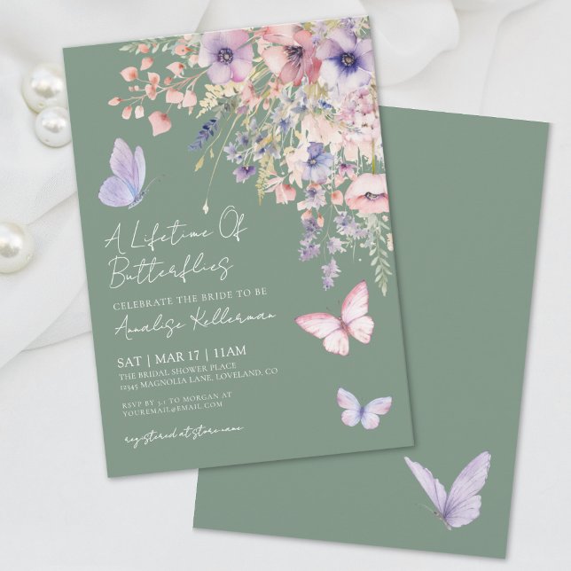 Convites Chá de panela de flor selvagem da borboleta verde  (Sage Green Butterfly Wildflower Bridal Shower Invitation)