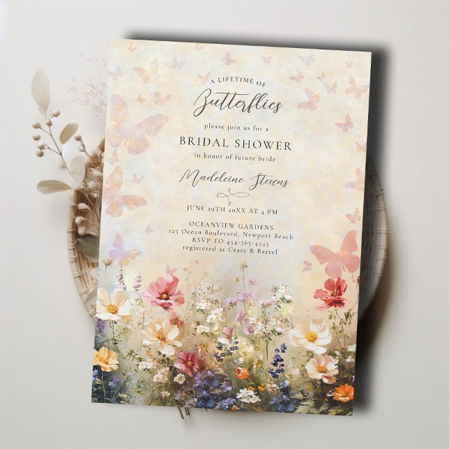 Convites Chá de panela de flor selvagem da borboleta vitalí (lifetime butterflies bridal shower invitation brunch tea pink peach red wildflowers garden party)