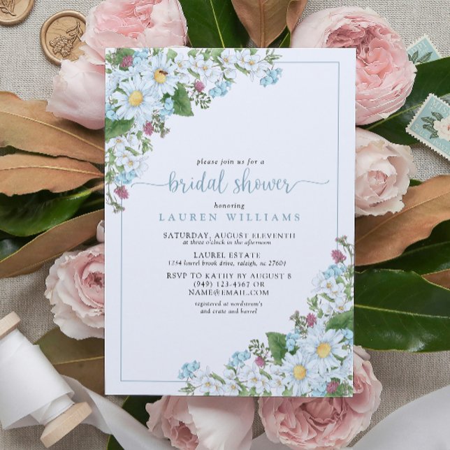 Convites Chá de panela de Flor Selvagem de Escuridão Russo  (Rustic Dusty Blue Script Wildflower Bridal Shower Invitation!)