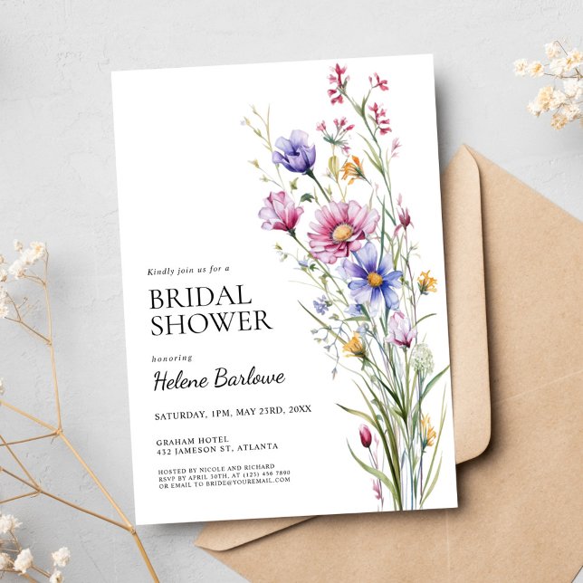 Convites Chá de panela de flor selvagem Elegante (Floral Elegant Whimsical Wildflower Bridal Shower Invitation)