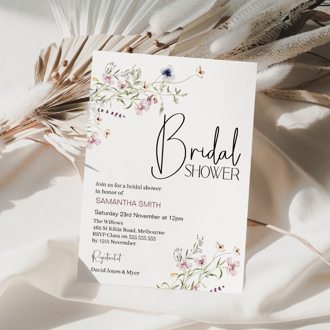 Convites Chá de panela de flor selvagem roxa moderna (Delicate wildflowers bridal shower invitation, Wedding shower wildflowers, Wildflower bridal shower )