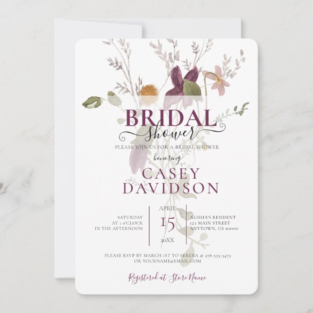 Convites Chá de panela de Flor Selvagem Roxo (Frente)