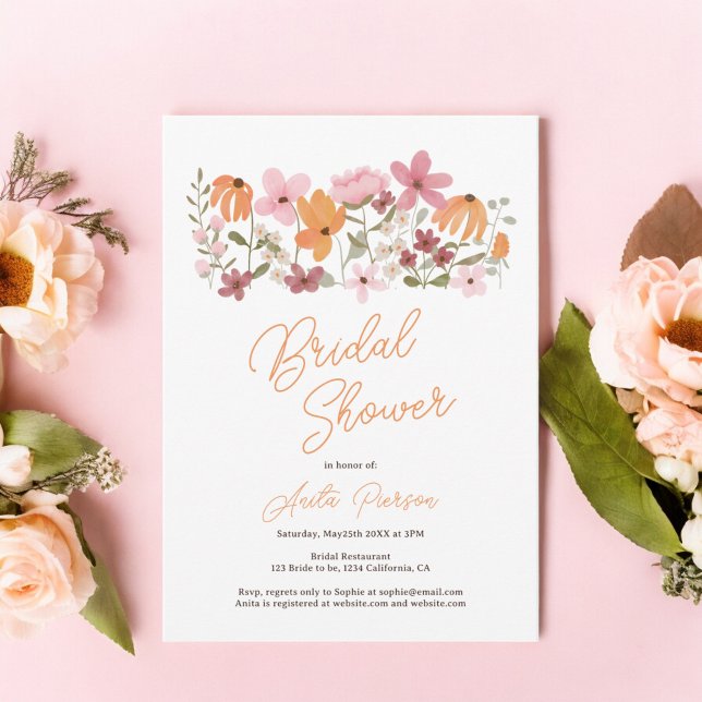 Convites Chá de panela de flor silvestre de guincho-laranja (Orange Cute boho meadow wildflower bridal shower Invitation)