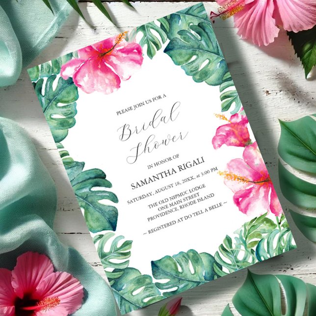 Convites Chá de panela de Flor Tropical de Hibiscus (Bridal shower invitations tropical pink hibiscus flower monstera palm leaves garden Vic Grigaliunas)