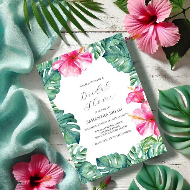Convites Chá de panela de Flor Tropical de Hibiscus (Bridal shower invitations tropical pink hibiscus flower monstera palm leaves garden Vic Grigaliunas)