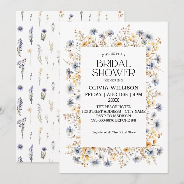 Convites Chá de panela de Flores Azuis Claro Azuis (Frente/Verso)