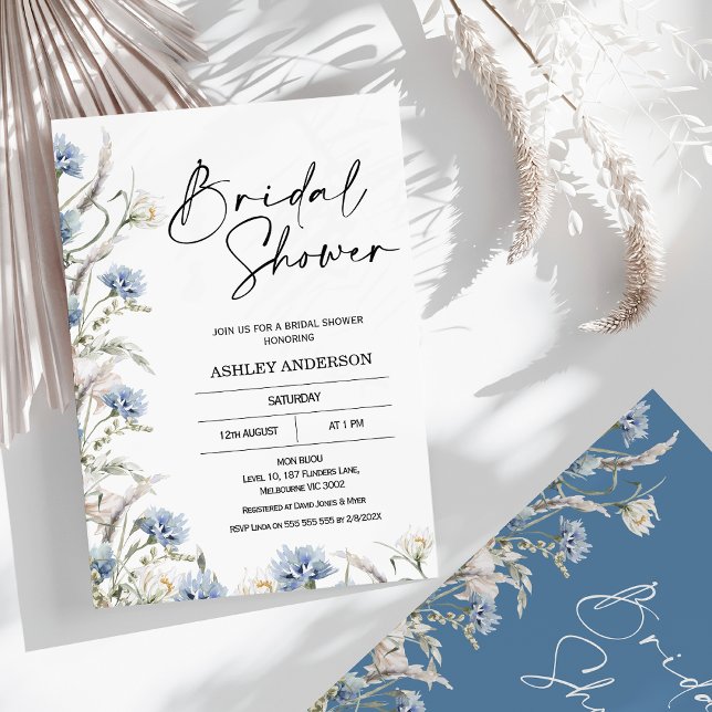 Convites Chá de panela de Flores Azuis Modernos (Dusty Blue Wildflowers Bridal Shower Invitation, Modern Design, Blue Floral Bridal Shower Invitation)