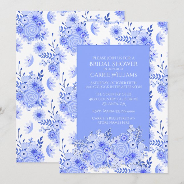 Convites Chá de panela de Flores Azul e Branco (Frente/Verso)
