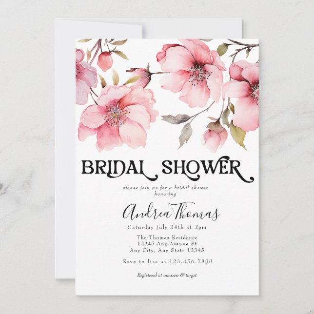 Convites Chá de panela de Flores de Aquarela Rosa (Frente)