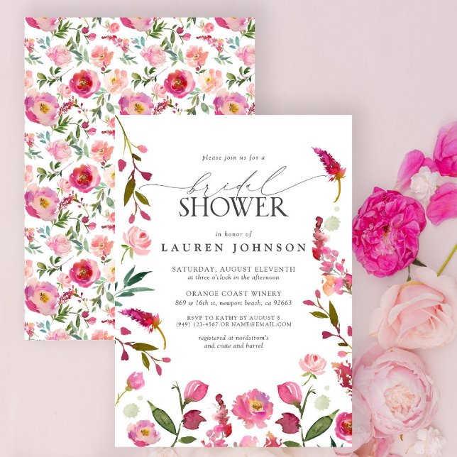 Convites Chá de panela de Flores de Aquarela Rosa Vibrantes (Bridal Shower Invitation)