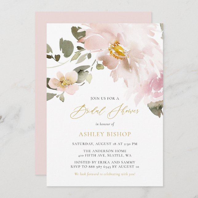 Convites Chá de panela de Flores de Blush de Aquarela Femin (Frente/Verso)