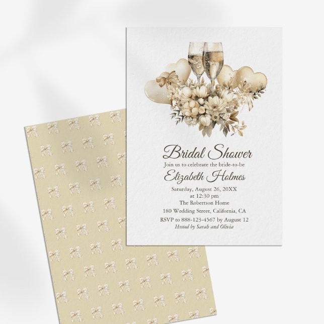 Convites Chá de panela de Flores de Champanhe em Brunch e B (Brunch and Bubbly Champagne Flowers Bridal Shower Invitation on a sunny white table.)