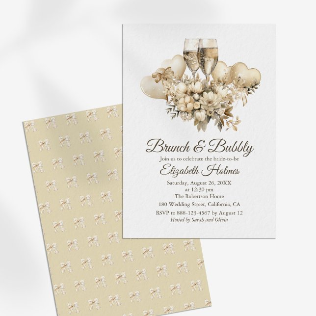 Convites Chá de panela de Flores de Champanhe em Brunch e B (Brunch and Bubbly Champagne Flowers Bridal Shower Invitation on a sunny white table.)