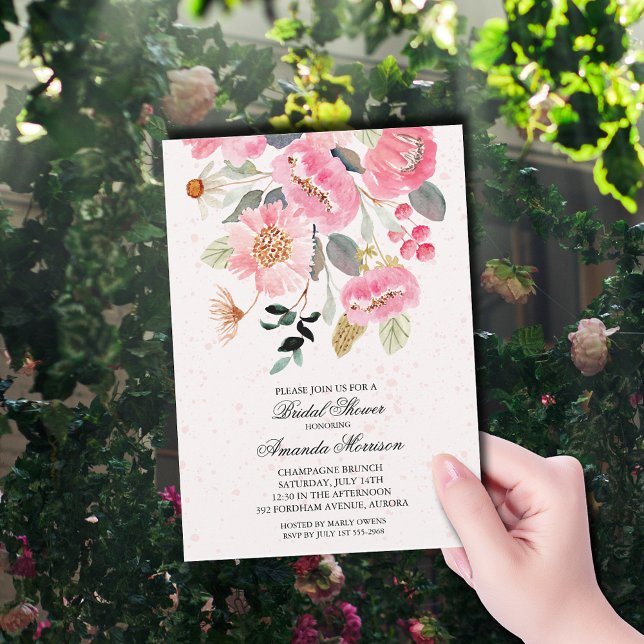Convites Chá de panela de Flores de Jardim de Aquarela (Pink garden flowers bridal shower invitations)