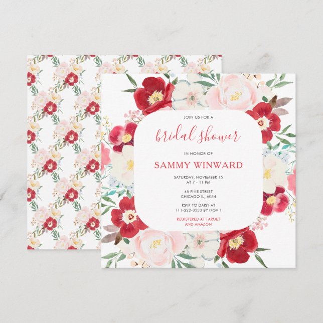 Convites Chá de panela de Flores de Pênia Rosa e Púrpura (Frente/Verso)