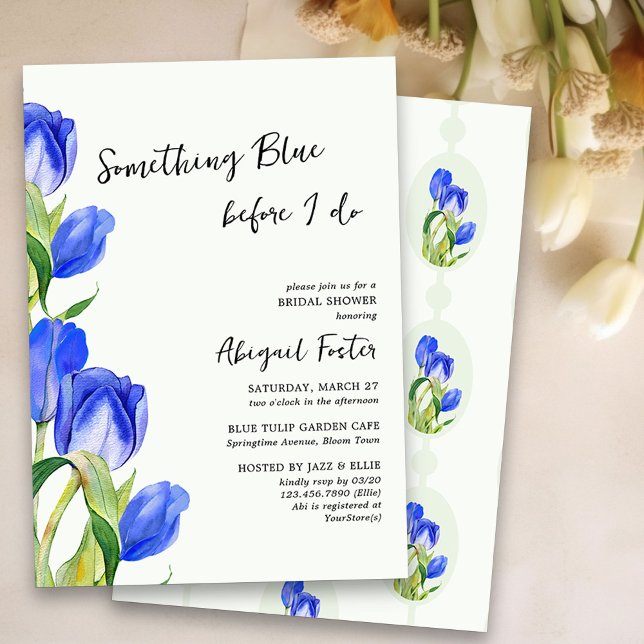Convites Chá de panela de Flores de Tulip Primavera Azul (Something Blue Bridal Shower Invitation with blue tulips)