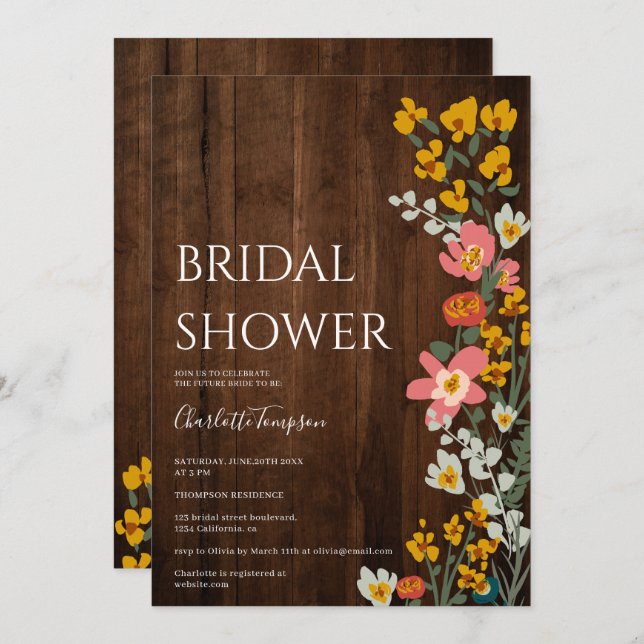 Convites Chá de panela de flores retrorreflectoras da madei (Frente/Verso)