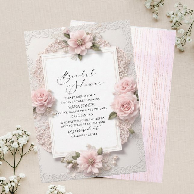 Convites Chá de panela de flores rosa 3D com Aquarela Moder (Criador carregado)