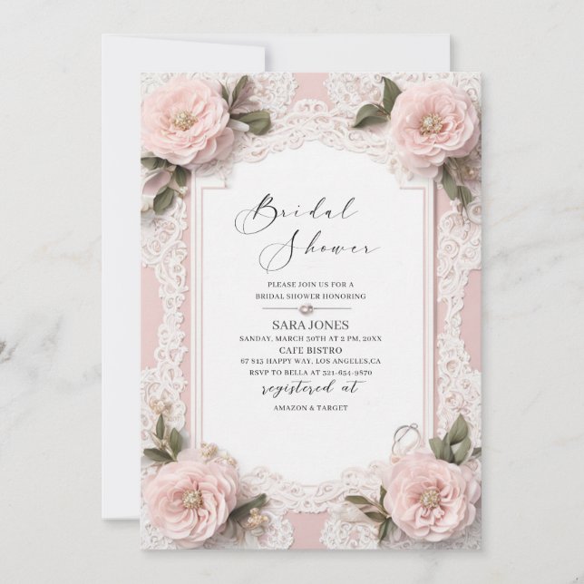 Convites Chá de panela de flores rosa 3D com Aquarela Moder (Frente)