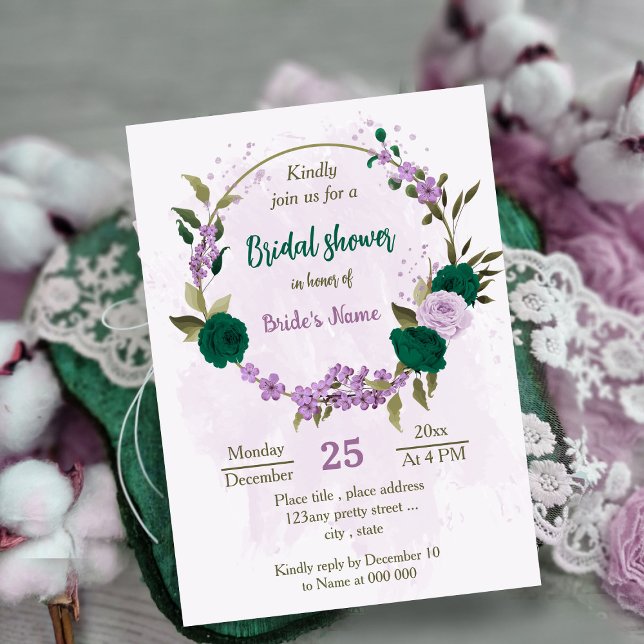 Convites chá de panela de flores roxas esmeraldas (Criador carregado)