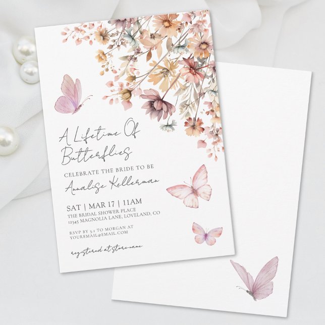 Convites Chá de panela de Flores Selvagens da Borboleta Ele (Elegant Butterfly Wildflowers Bridal Shower Invitation)