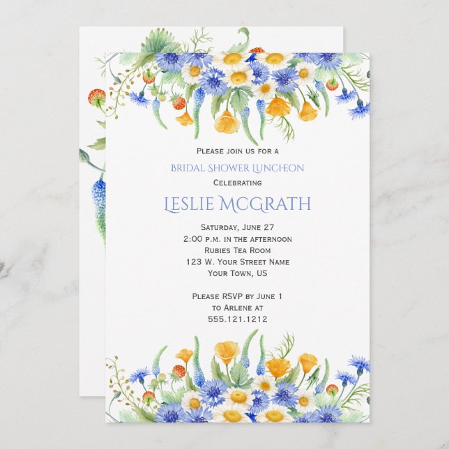 Convites Chá de panela de flores selvagens de aquarela (Frente/Verso)