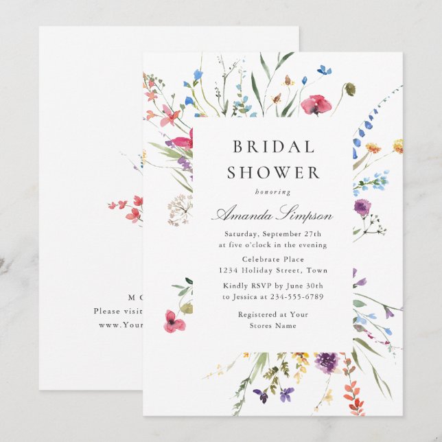 Convites Chá de panela de Flores Selvagens de Aquarela Eleg (Frente/Verso)