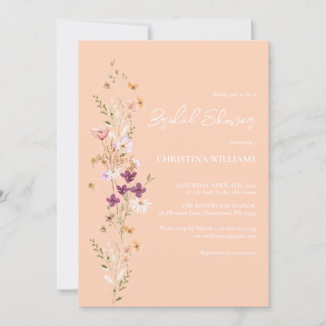 Convites Chá de panela de flores selvagens de Peach Boho (Frente)