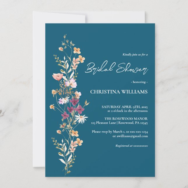Convites Chá de panela de flores selvagens do Elegant Blue  (Frente)
