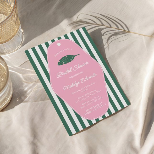 Convites Chá de panela De Folha De Banana, Rosa E Verde (Midcentury modern pink and green Beverly Hills inspired bridal shower invitation with banana leaf)