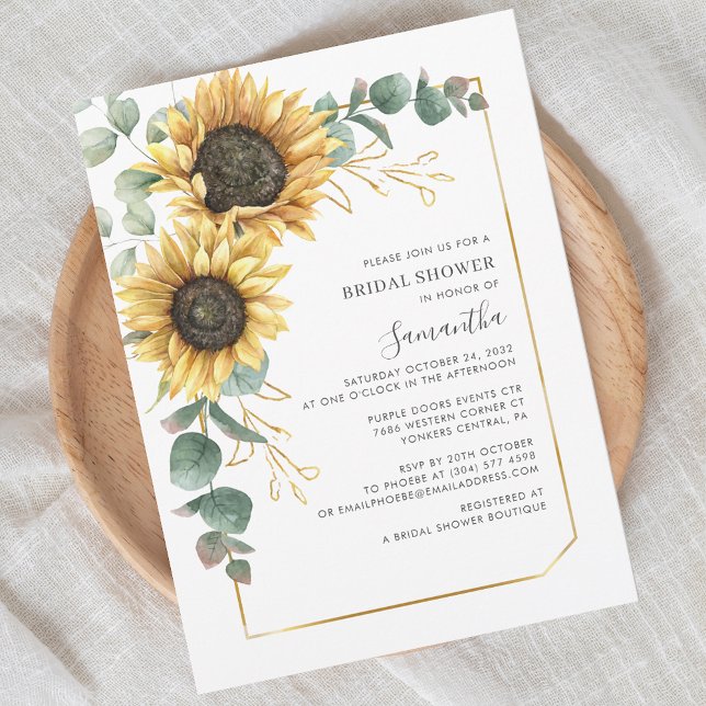 Convites Chá de panela de folhagem Botânica de girassol (Floral Sunflower Eucalyptus Script First Name Bridal Shower Invitation)