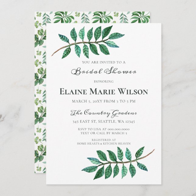 Convites Chá de panela de Folhagem de Aquarela (Frente/Verso)