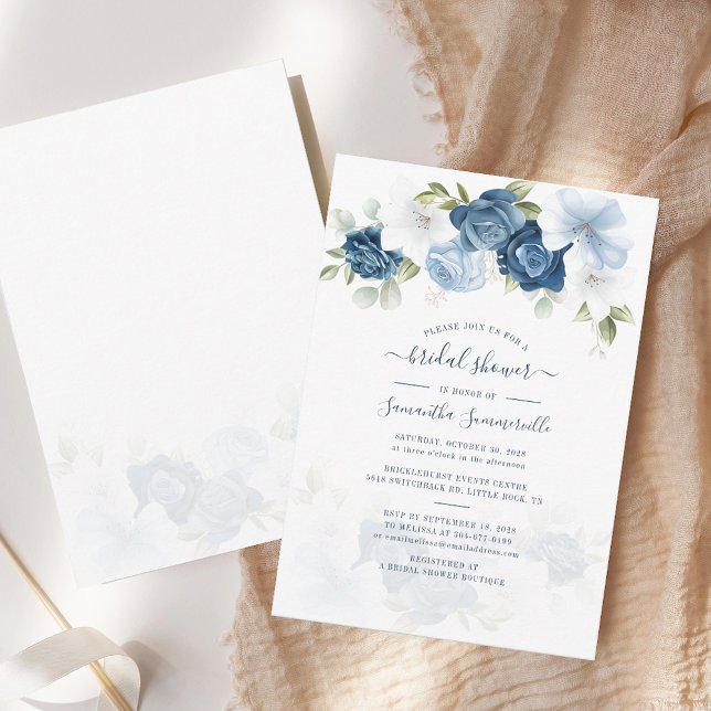 Convites Chá de panela de folhagem de cor azul-poeirinha (Dusty Blue Floral Watercolor Script Bridal Shower Invitation)