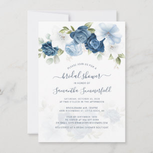 Convites Chá de panela de Folhagem de Script Azul Floral D