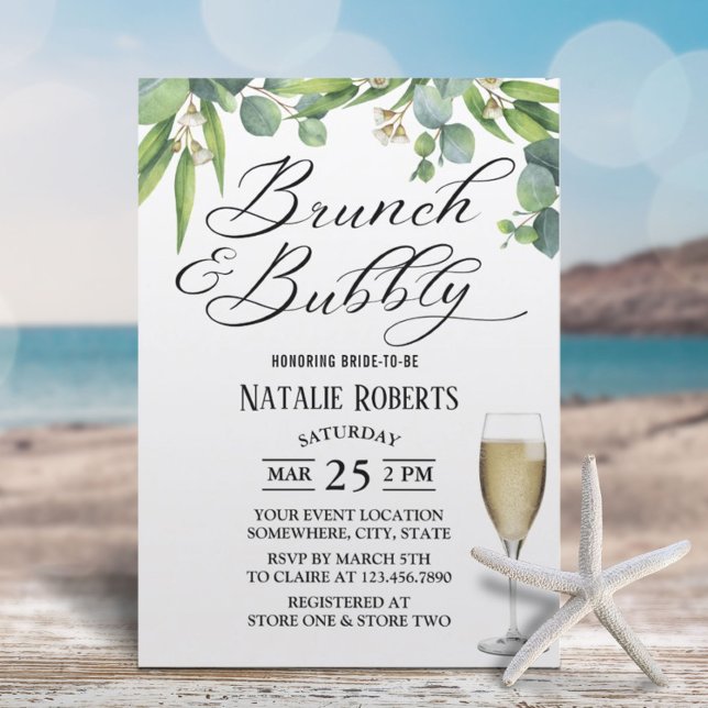 Convites Chá de panela de folhagem elegante Brunch e Bubble (Criador carregado)