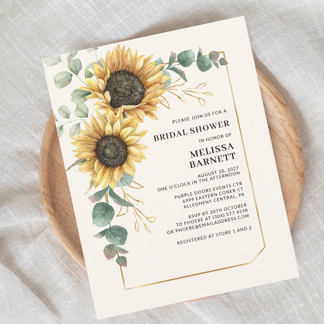 Convites Chá de panela de folhagem floral de girassol Eucal (Chic Floral Sunflower Eucalyptus Script First Last Name Bridal Shower Invitation)