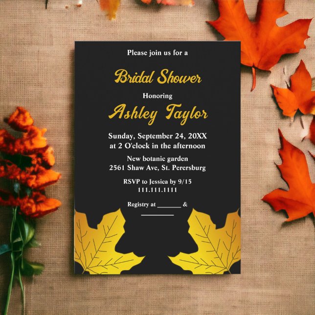 Convites Chá de panela De Folhas Douradas E Pretas Elegante (Criador carregado)