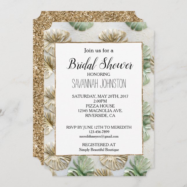 Convites Chá de panela de Folhas Tropicais Verde-Dourada (Frente/Verso)