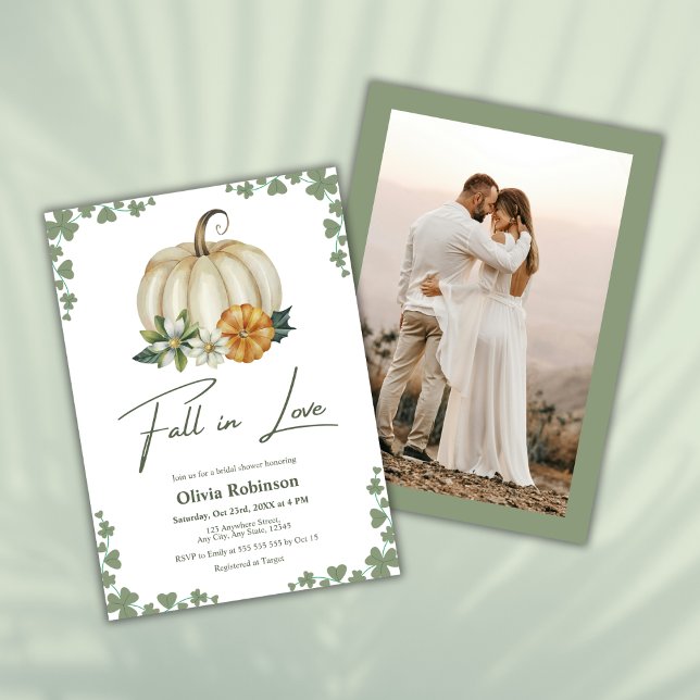 Convites Chá de panela de Foto de Pumpkin Verde Apaixonado (Fall in Love Greenery Pumpkin Photo Bridal Shower Invitation  )