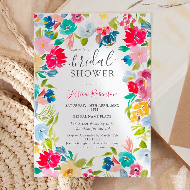 Convites chá de panela de foto floral azul-boêmia (bohemian red blue floral photo bridal shower invitation)