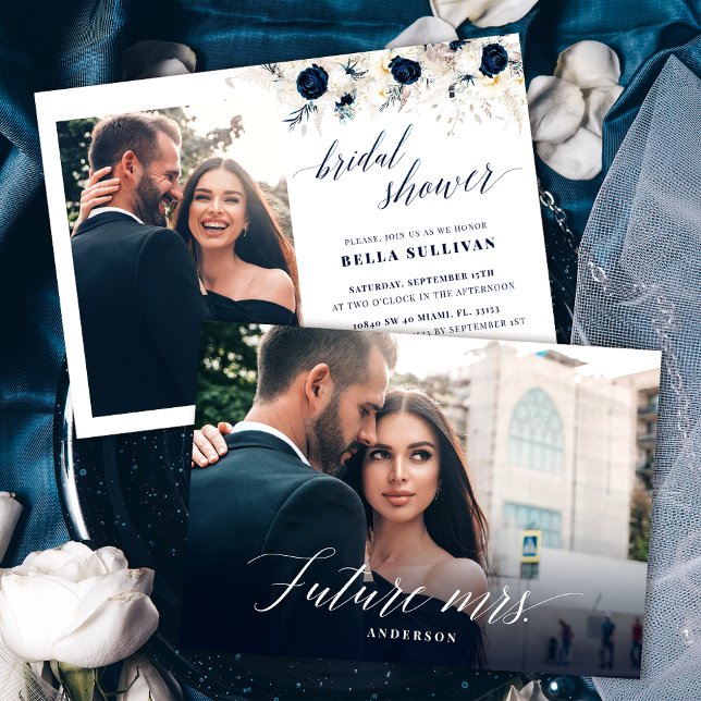 Convites Chá de panela de Foto Floral Azul Elegante (Criador carregado)