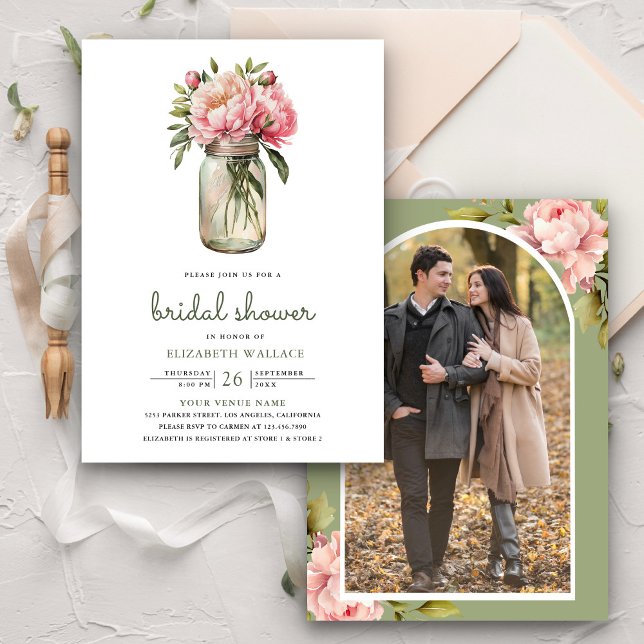 Convites Chá de panela de Foto Mason Jar Floral Rosa (Criador carregado)