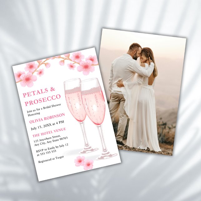 Convites Chá de panela de Foto Rosa e Petalas Modernas (Modern Elegant Petals and Prosecco Pink Watercolor Floral Photo Bridal Shower Invitation )